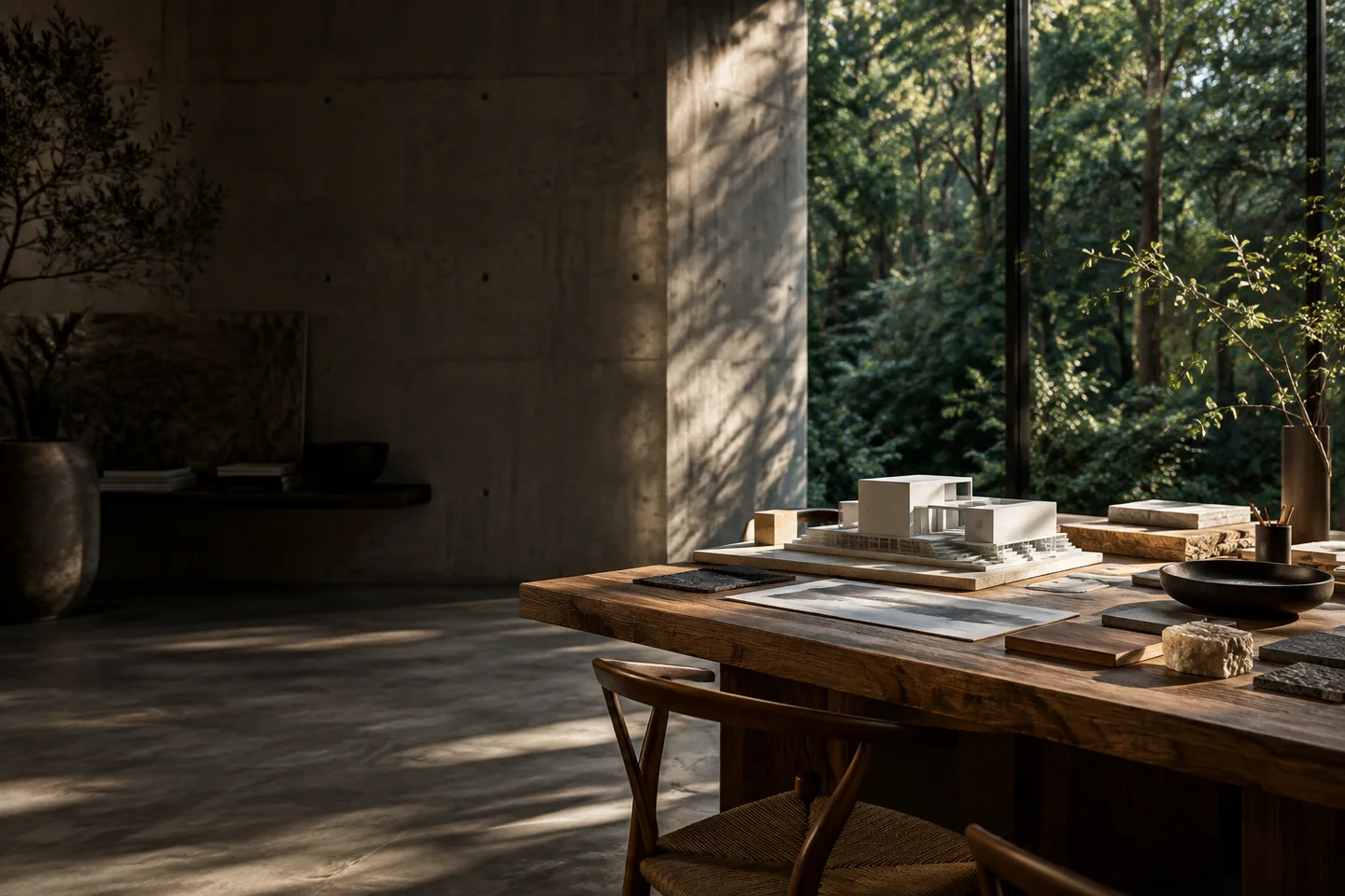 Architectural study model and materials in a light-filled workspace