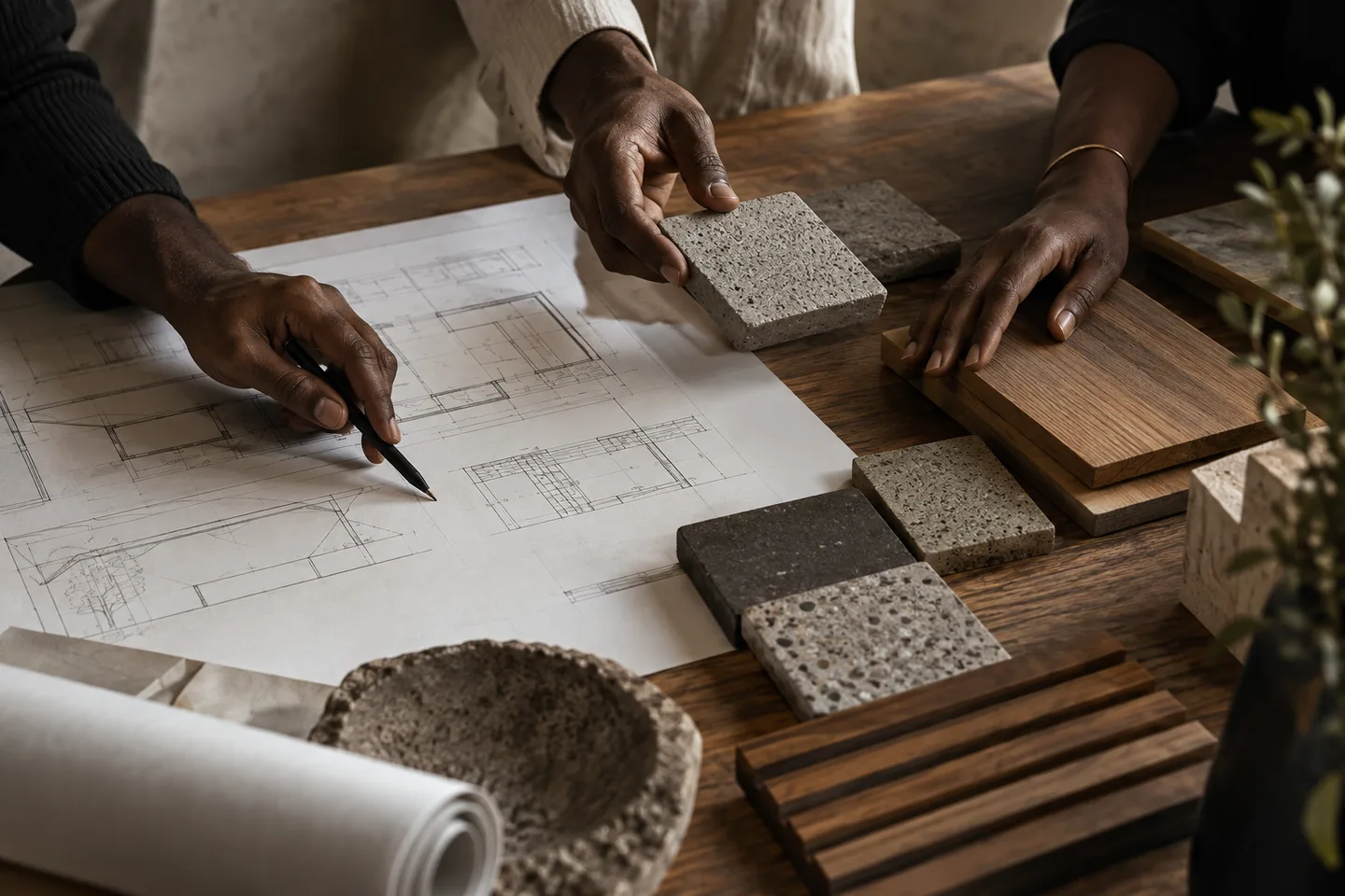 Collaborators reviewing plans and building materials